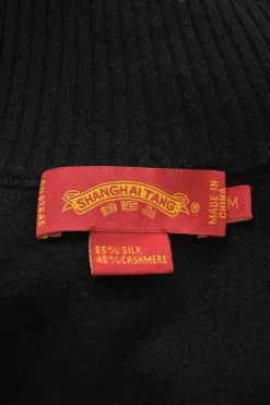 Black silk-cashmere blend intarsia knit funnel collar zip-up cardigan featuring symbol motif at centre back