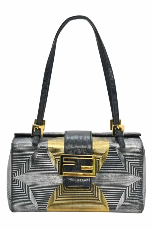 Black, silver, and gold leather shoulder bag with Zucca buckle magnetic snap closure