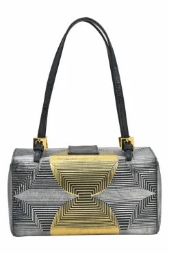 Black, silver, and gold leather shoulder bag with Zucca buckle magnetic snap closure