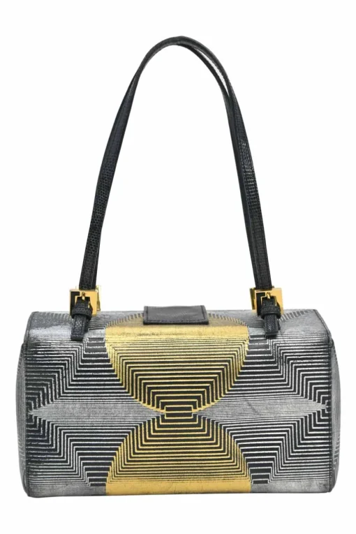 Black, silver, and gold leather shoulder bag with Zucca buckle magnetic snap closure