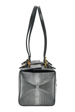 Black, silver, and gold leather shoulder bag with Zucca buckle magnetic snap closure
