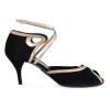 Black, silver suede and leather open toe mid-heel pump