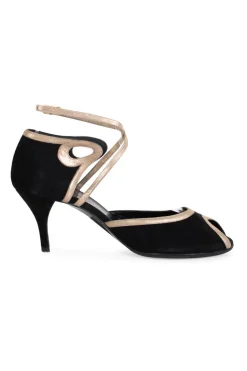 Black, silver suede and leather open toe mid-heel pump