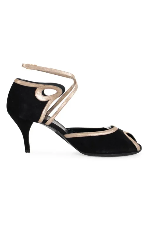 Black, silver suede and leather open toe mid-heel pump