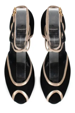 Black, silver suede and leather open toe mid-heel pump