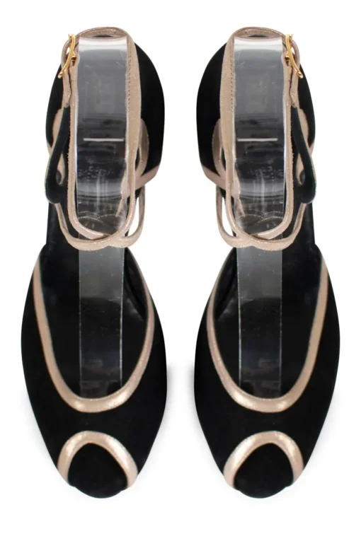 Black, silver suede and leather open toe mid-heel pump