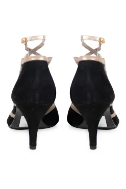 Black, silver suede and leather open toe mid-heel pump
