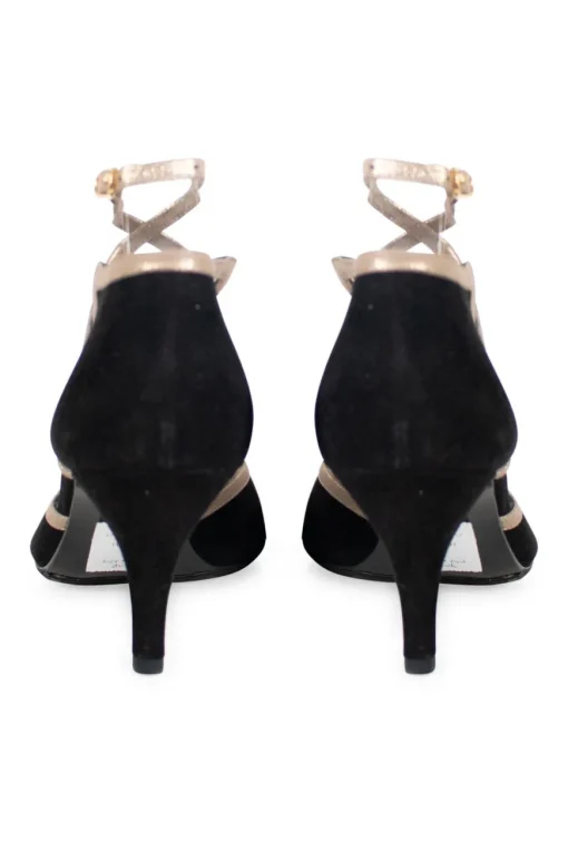 Black, silver suede and leather open toe mid-heel pump