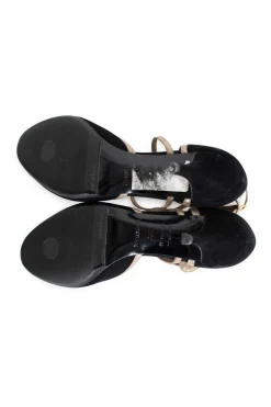 Black, silver suede and leather open toe mid-heel pump