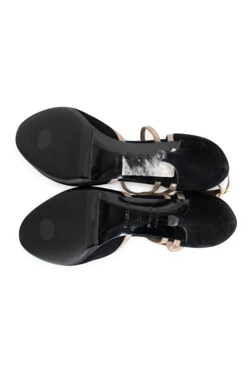 Black, silver suede and leather open toe mid-heel pump