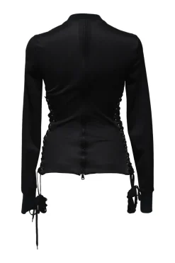 Black stretch-nylon corset style two-piece tracksuit featuring full-zip jacket and high-waist pants with side stripe and lace-up detailing