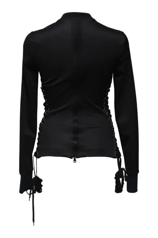 Black stretch-nylon corset style two-piece tracksuit featuring full-zip jacket and high-waist pants with side stripe and lace-up detailing