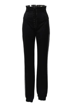 Black stretch-nylon corset style two-piece tracksuit featuring full-zip jacket and high-waist pants with side stripe and lace-up detailing