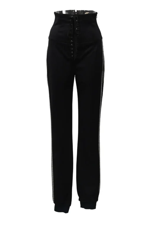Black stretch-nylon corset style two-piece tracksuit featuring full-zip jacket and high-waist pants with side stripe and lace-up detailing