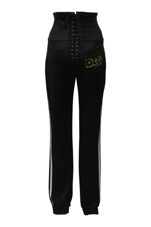 Black stretch-nylon corset style two-piece tracksuit featuring full-zip jacket and high-waist pants with side stripe and lace-up detailing