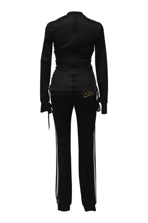 Black stretch-nylon corset style two-piece tracksuit featuring full-zip jacket and high-waist pants with side stripe and lace-up detailing