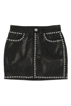 Black studded lambskin pull-on mini skirt with slanted hip pockets