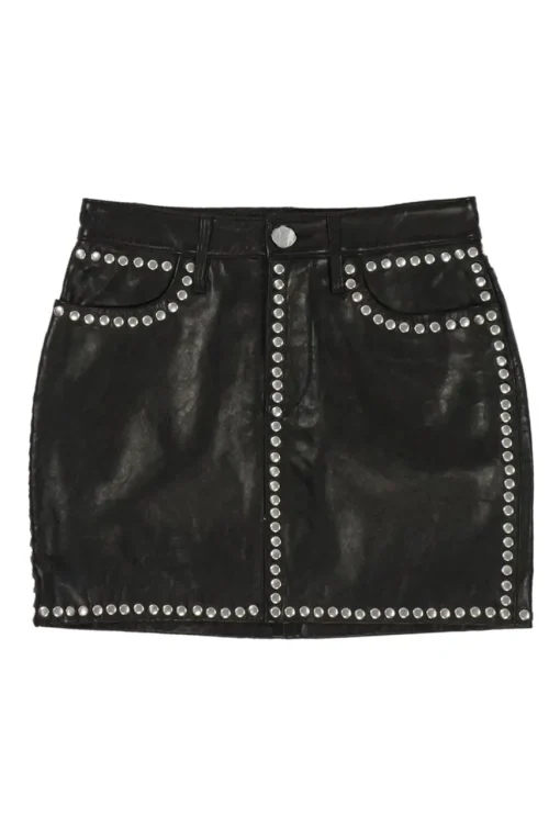Black studded lambskin pull-on mini skirt with slanted hip pockets
