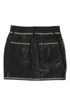Black studded lambskin pull-on mini skirt with slanted hip pockets