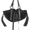 Black suede and leather Pumpkin tassel shoulder bag with braided handles and lace-up detailing at front