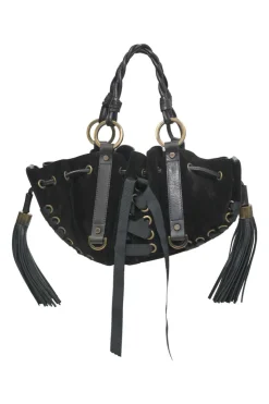 Black suede and leather Pumpkin tassel shoulder bag with braided handles and lace-up detailing at front