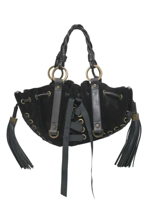 Black suede and leather Pumpkin tassel shoulder bag with braided handles and lace-up detailing at front