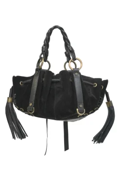 Black suede and leather Pumpkin tassel shoulder bag with braided handles and lace-up detailing at front