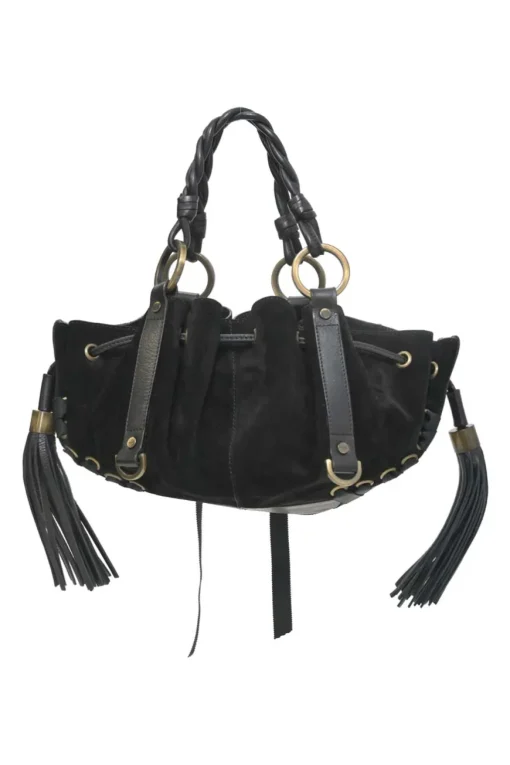 Black suede and leather Pumpkin tassel shoulder bag with braided handles and lace-up detailing at front