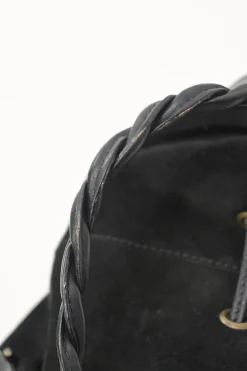 Black suede and leather Pumpkin tassel shoulder bag with braided handles and lace-up detailing at front