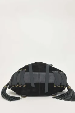 Black suede and leather Pumpkin tassel shoulder bag with braided handles and lace-up detailing at front