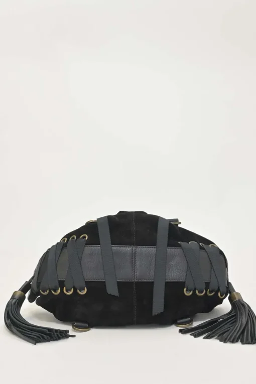 Black suede and leather Pumpkin tassel shoulder bag with braided handles and lace-up detailing at front