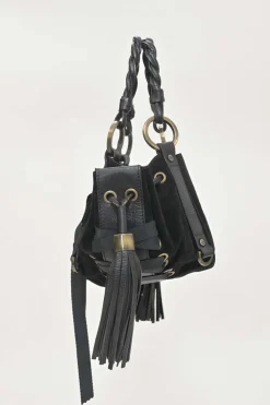 Black suede and leather Pumpkin tassel shoulder bag with braided handles and lace-up detailing at front