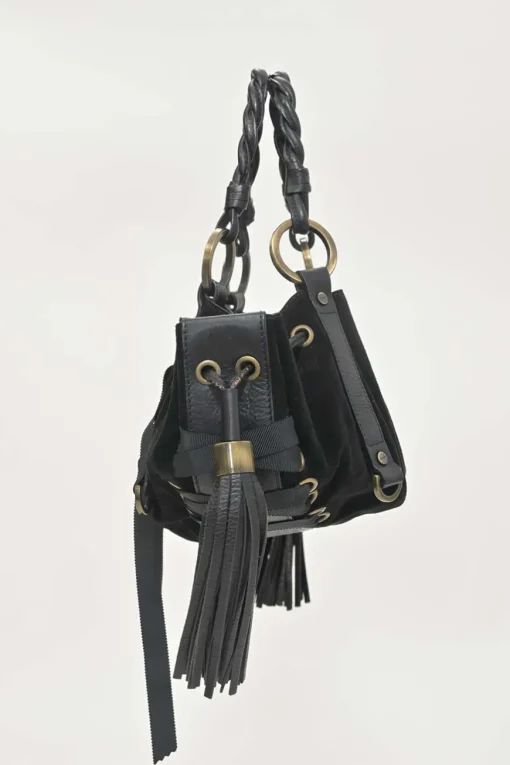 Black suede and leather Pumpkin tassel shoulder bag with braided handles and lace-up detailing at front