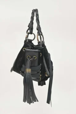 Black suede and leather Pumpkin tassel shoulder bag with braided handles and lace-up detailing at front