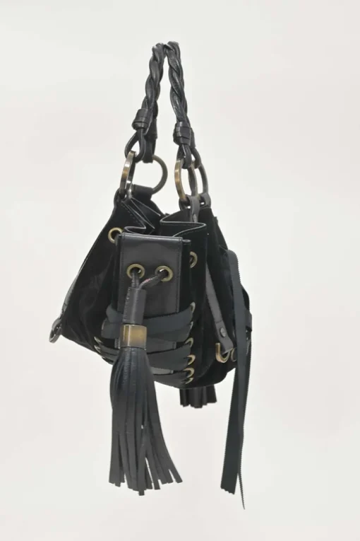 Black suede and leather Pumpkin tassel shoulder bag with braided handles and lace-up detailing at front
