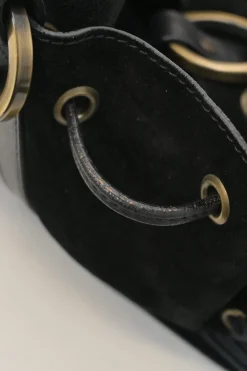 Black suede and leather Pumpkin tassel shoulder bag with braided handles and lace-up detailing at front