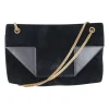 Black suede shoulder bag with gold tone chain and stitched corner fold up front detail