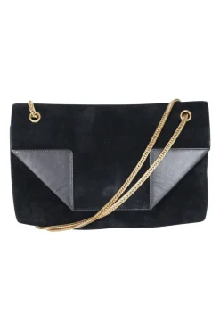 Black suede shoulder bag with gold tone chain and stitched corner fold up front detail