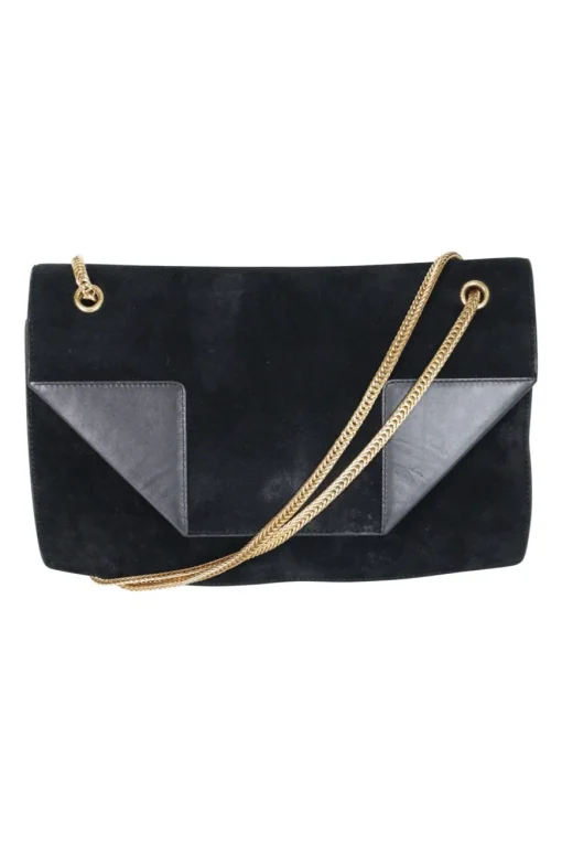 Black suede shoulder bag with gold tone chain and stitched corner fold up front detail