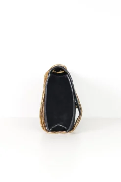 Black suede shoulder bag with gold tone chain and stitched corner fold up front detail