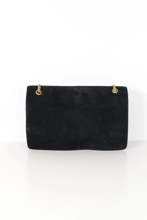 Black suede shoulder bag with gold tone chain and stitched corner fold up front detail