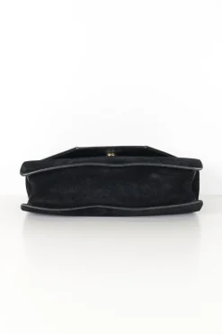 Black suede shoulder bag with gold tone chain and stitched corner fold up front detail