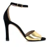 Black suede, with gold leather toe strap and thin suede ankle strap.