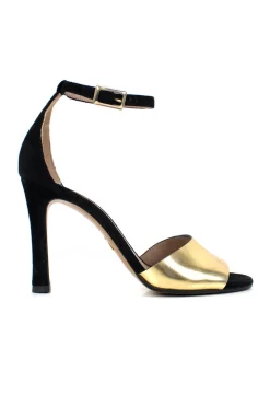 Black suede, with gold leather toe strap and thin suede ankle strap.