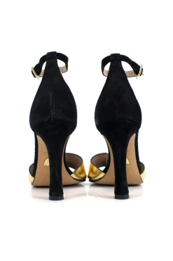 Black suede, with gold leather toe strap and thin suede ankle strap.