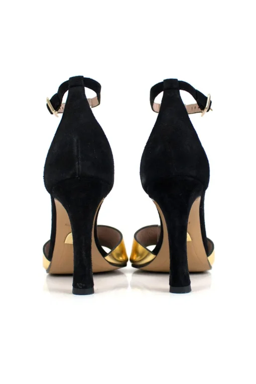 Black suede, with gold leather toe strap and thin suede ankle strap.