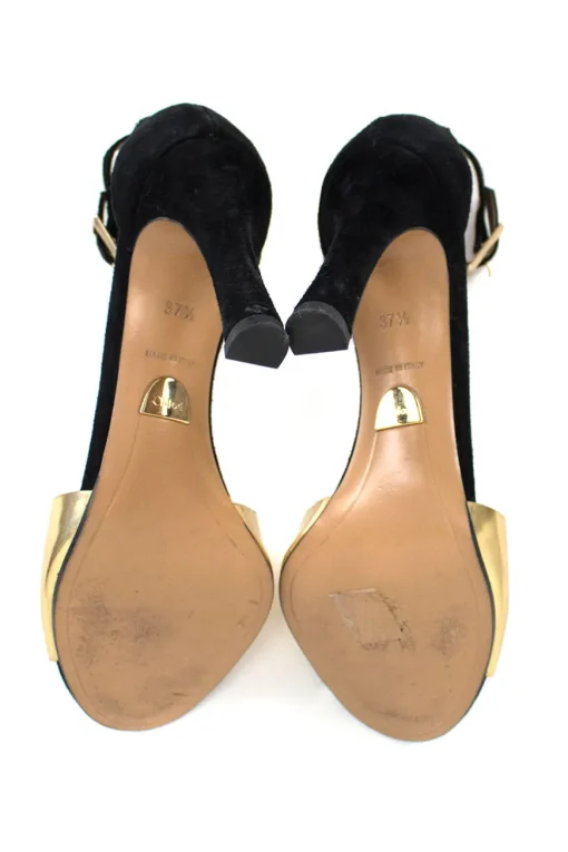 Black suede, with gold leather toe strap and thin suede ankle strap.