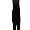Black triacetate-blend velvet slip-on feather-trimmed racerback slouchy jumpsuit with tapered legs
