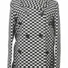 Black two-tone cotton-blend graphic check jacquard double breasted notch collar jacket with logo hem