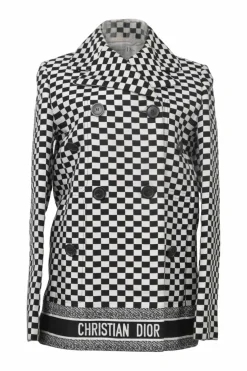 Black two-tone cotton-blend graphic check jacquard double breasted notch collar jacket with logo hem